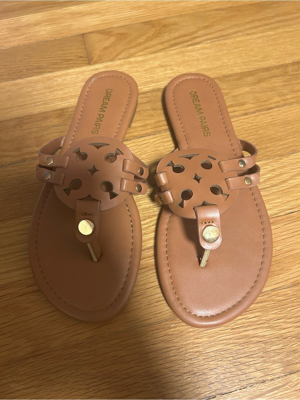 Dream Pairs Tan Leather-Style Toe-Post Sandals with Cutout Medallion